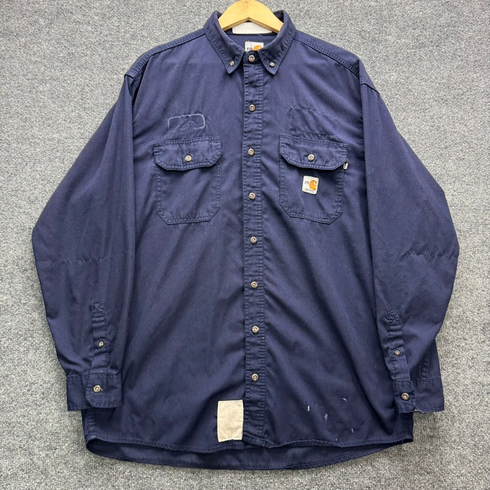 Carhartt FR Work Shirt Men's Size L Navy Blue Long Sleeve Flame Resistant Button